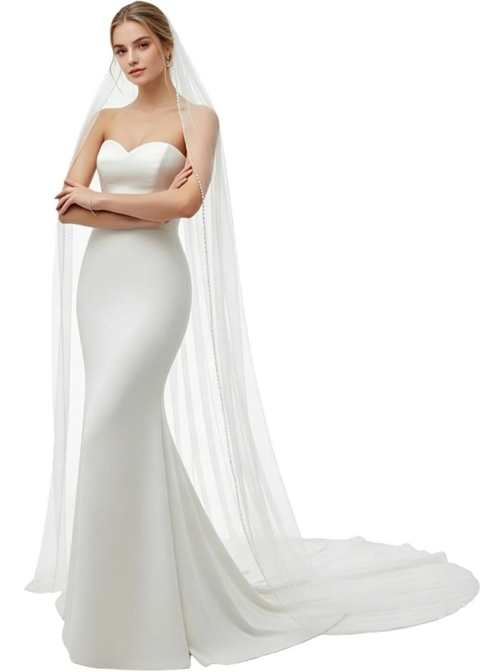 Fingertip Length Wedding Veil with Pearls & Beaded Edge - Elegant Bridal